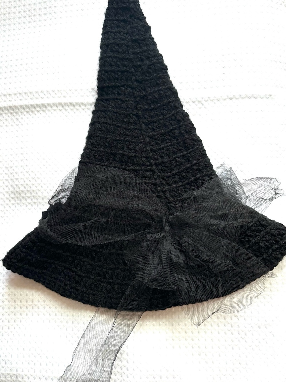 Artisan Made Crochet Black Pointed Witch Hat with Tulle/ Floral Accent - Picture 5 of 7